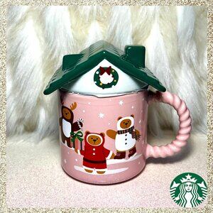 🎄🐻 NWT 2025 Starbucks Holiday Pink Gingerbread 14oz Ceramic Mug w/ Lid